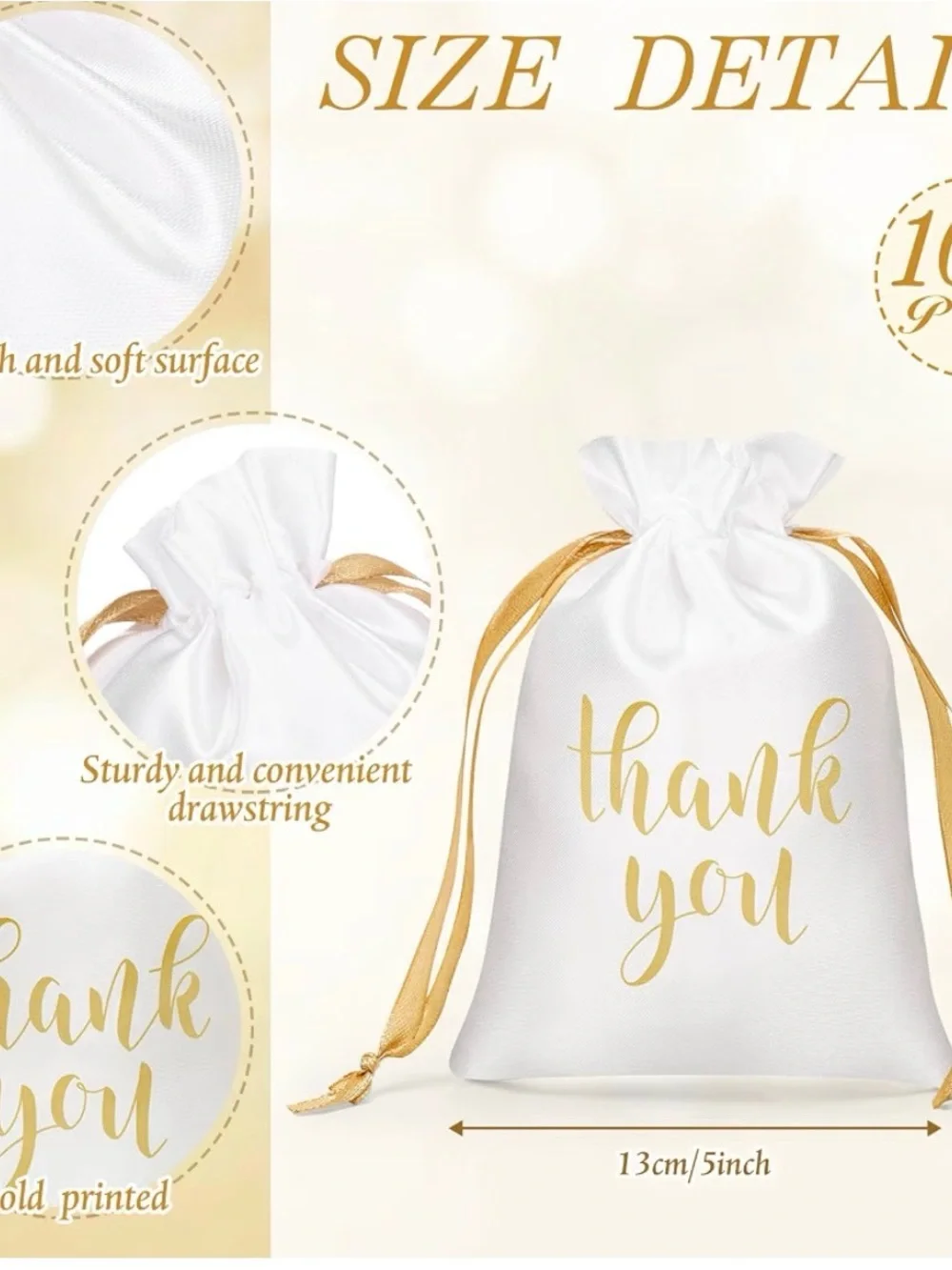White and Gold 'Thank You' Drawstring Favor Bags - Party Supplies